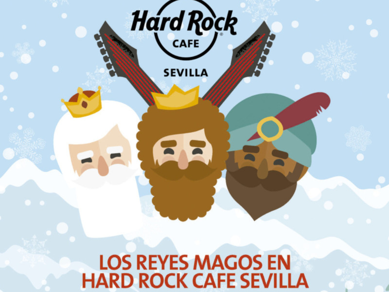 Ilustración de Hard Rock Cafe Sevilla con tres personajes mágicos en un fondo azul nevado.
