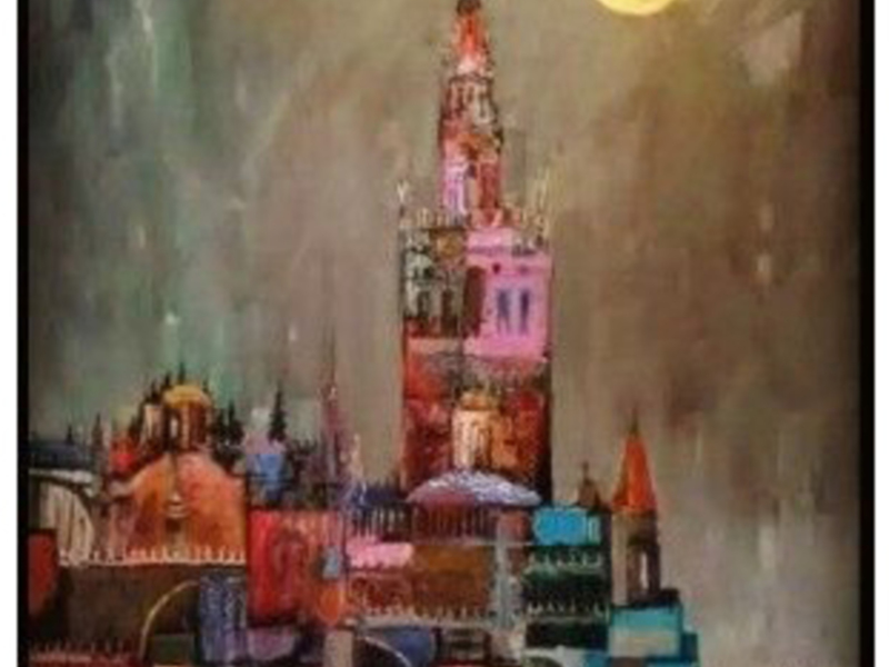 Pintura de una ciudad antigua con torres y edificios coloridos bajo la luna.