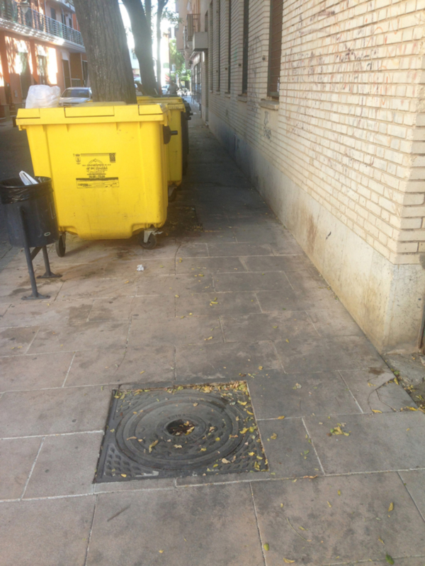 Imagen muestra una calle con dos contenedores de basura amarillos, uno grande y otro pequeño. Hay hojas caídas en el suelo y una mancha de agua cerca del contenedor grande. La pared de ladrillo a la derecha tiene algunos grafitis.