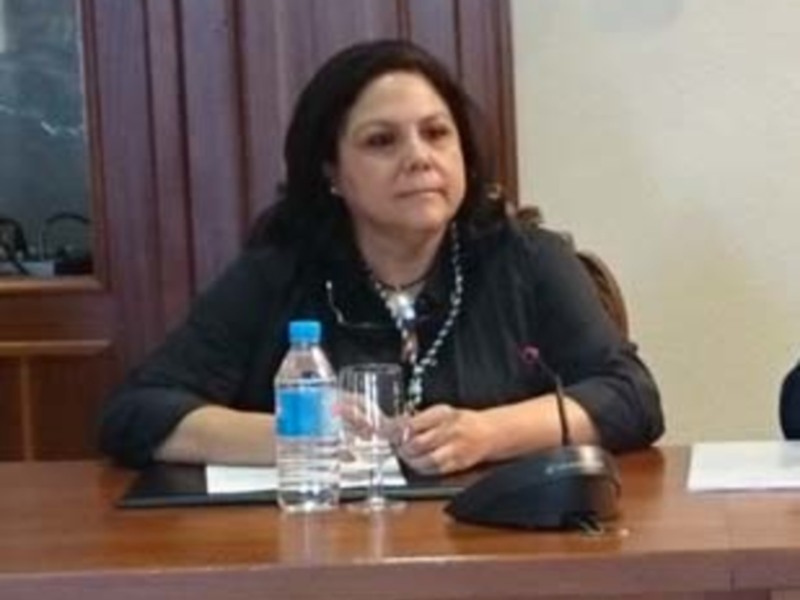 Una mujer sentada en una mesa de conferencia, con un bolígrafo y una botella de agua a su lado. La imagen parece ser del interior de un lugar de reuniones o oficina, con una cortina en el fondo.