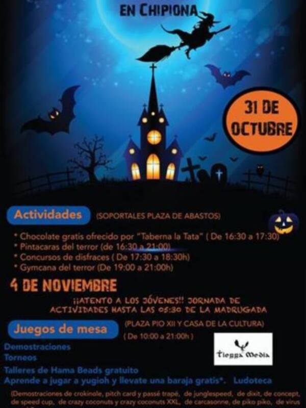 Afiche promocional para una fiesta de Halloween en Chipiona, con actividades, concursos y juegos de mesa, celebrada el 31 de octubre y 4 de noviembre.