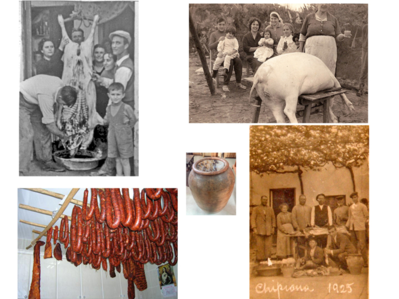 Una serie de fotografías antiguas que representan la práctica tradicional de matanza de cochinos en las casas. Las fotos incluyen a personas participando en la matanza, cerdos colgados para secar y un recipiente de barro. La fecha 1925 se menciona en una foto, indicando la antigüedad de las imágenes. El texto superior proporciona contexto sobre cómo era común esta práctica en ese momento.