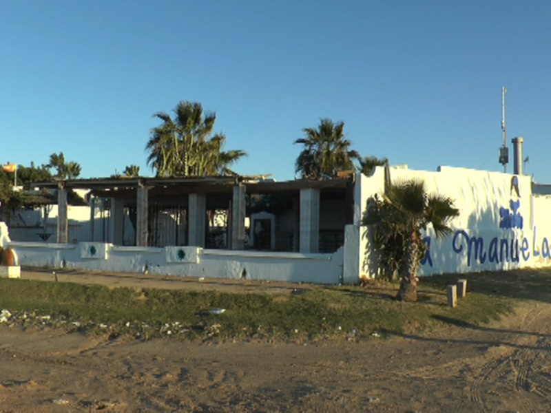 Edificio blanco con detalles arquitectónicos, palmeras alrededor y firmar 'Manuela' visible.
