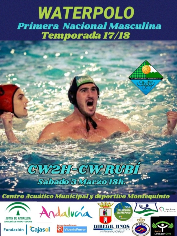 Cartel de la Primera Nacional Masculina de Waterpolo en la Temporada 2017/2018 en el Centro Acuático Municipal y Deportivo Montequinto, organizado por la Junta de Andalucía.