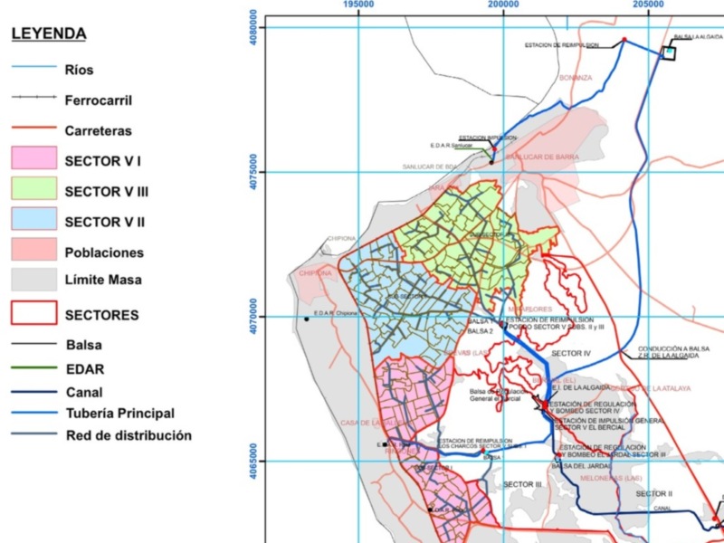 Mapa de distribución de sectores y infraestructuras hidráulicas en Chipiona, con leyenda de ríos, carreteras, sectores, balsas y redes de distribución.