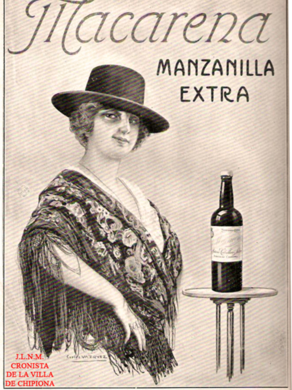 Anuncio vintage de vino 'Macarena' con mujer elegante y botella de vino en un pedestal.