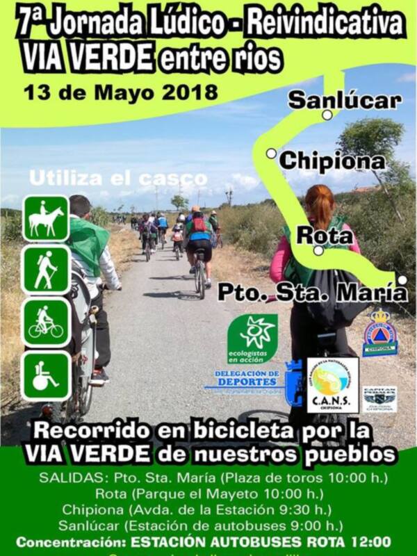 7ª Jornada Lúdico-Reivindicativa en la Via Verde entre ríos, Sanlúcar a Rota y Chipiona. 13 de Mayo 2018. Recorrido en bicicleta por la Via Verde, salidas desde Pto. Sta. María y Rota. Concentración en Estación de autobuses Rota a las 12:00 h.
