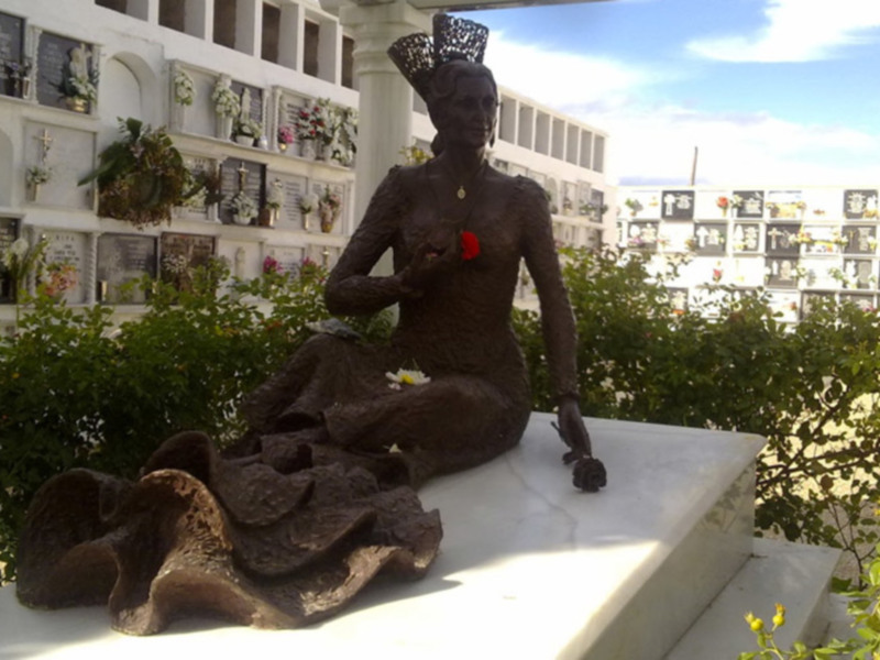Una estatua de bronce sentada con una corona en la cabeza y flores rojas en los dedos, frente a un muro de tumbas con nombres y flores. El cielo está claro con algunas nubes.
