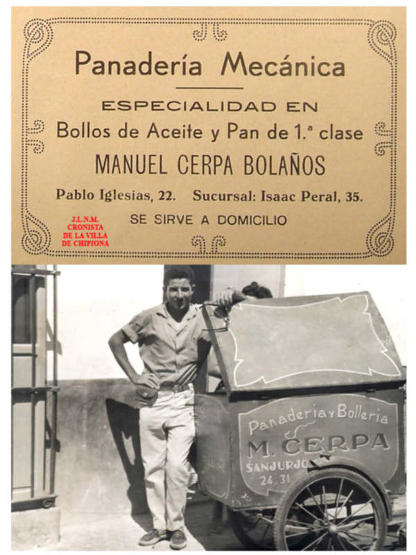 Panadería Mecánica especializada en bollos de aceite y pan de 1ª clase. Manuel Cerpa Bolaños, Pablo Iglesias, 22, Isaac Peral, 35. Se sirve a domicilio.