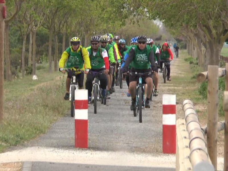 En un entorno verde y tranquilo, una multitud de ciclistas en cascos y equipamiento deportivo avanzan por un camino asfaltado, rodeados de árboles y una señal de tráfico que indica la prohibición para vehículos motorizados. La escena captura el espíritu de la actividad física y el respeto por el medio ambiente.