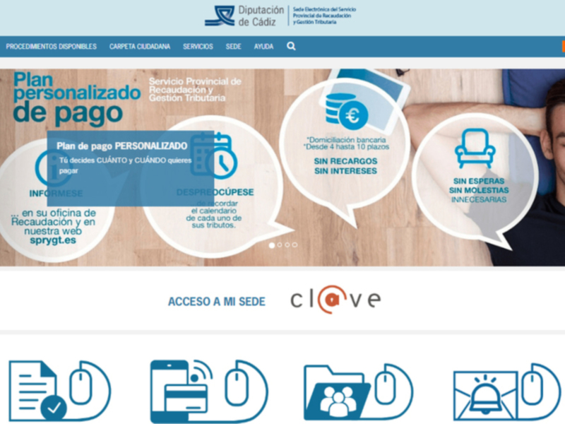 Página web de la Diputación de Cádiz con información sobre servicios personalizados y pago.