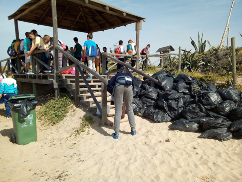 Una persona con una mochila azul está recogiendo basura en bolsas negras cerca de un puesto de control de la playa. Hay una granja con palmeras y un poste en el fondo, mientras que otros individuos observan desde una plataforma de madera.