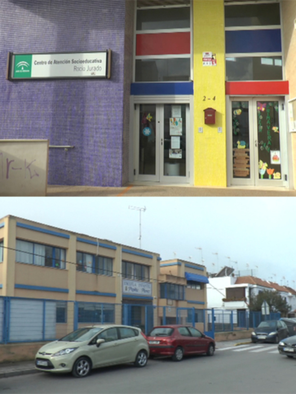 Centro de Atención Socioeducativa Rocío Jurado. Edificio con fachada colorida y ventanas. Diferentes vehículos estacionados en la entrada.