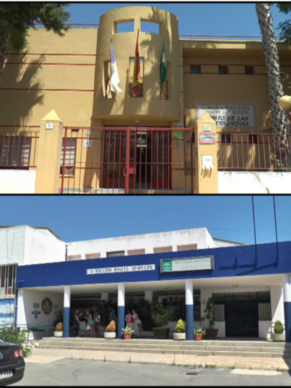 Imágenes de dos edificios educativos. En la parte superior, un edificio amarillo con banderas y plantas en el balcón. En la parte inferior, un edificio azul con columnas y plantas en el porche. Ambos edificios tienen entrada principal con puertas rojas y ventanas.