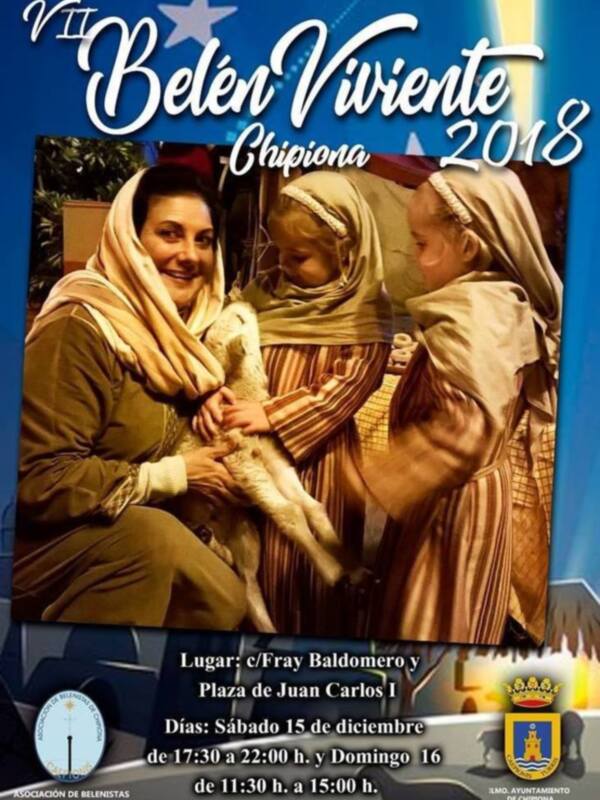 VII Belén Viviente Chipiona 2018: Celebración navideña con la Sagrada Familia en la Plaza de Juan Carlos I, Chipiona, España.