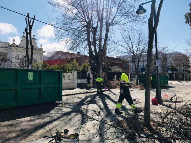 Trabajadores de limpieza en un entorno urbano con contenedores verdes y árboles sin hojas.
