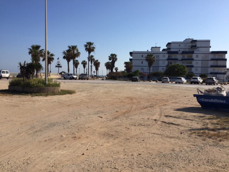 Paisaje urbano costero con edificios, palmeras y arena en primer plano.