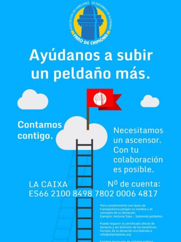 Esta imagen es un póster informativo para la campaña de donaciones en beneficio de una asociación. El texto principal invita a colaborar para subir un peldaño más en la escalera de la donación. Se menciona que necesitan más contribuciones para lograr su meta y se proporciona un número de cuenta para donaciones. La imagen también incluye una bandera roja y nubes, simbolizando la escalera de donaciones.