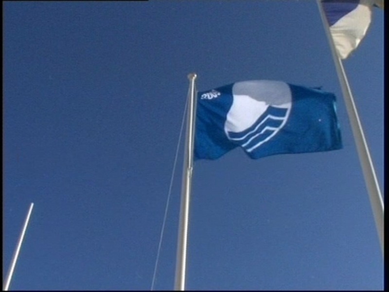 Una bandera azul con un símbolo blanco y gris ondea en el viento contra un cielo claro.
