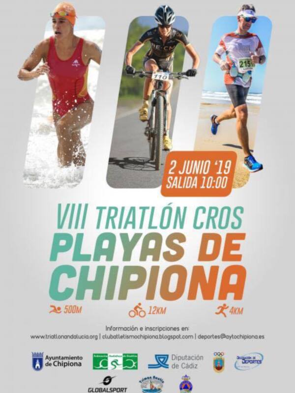 VIII Triatlón Cros Playas de Chipiona. 2 junio '19, salida a las 10:00. 500m carrera, 12km bicicleta y 4km carrera. Información en www.triathlonandalucia.com