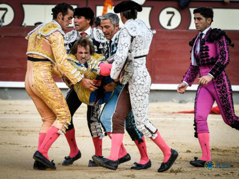 Torneo de toreros en una plaza de toros, con matadores y banderilleros en trajes coloridos y tradicionales.