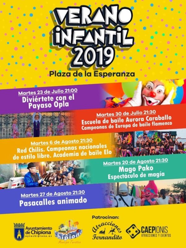 Fiesta Infantil Verano 2019 en la Plaza de la Esperanza. Eventos: Payaso Opla, Baile Flamenca, Campeonas Europeas de Baile Flamenco, Red Chilis, Academia de Baile Elo, Mago Pako y Pasacalles animado. Patrocinadores: Ayuntamiento de Chiclayo, Asociaciones Fernandito y CAEPIONIS.