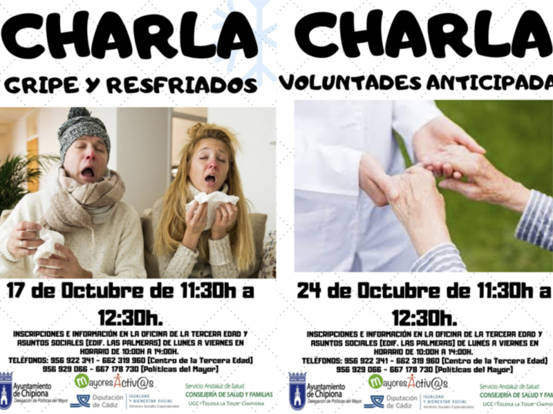 Charla sobre gripe y resfriados en Chiplona, organizada por el Ayuntamiento y la Diputación de Cádiz, con inscripciones en la Oficina de la Tercera Edad y Asuntos Sociales.