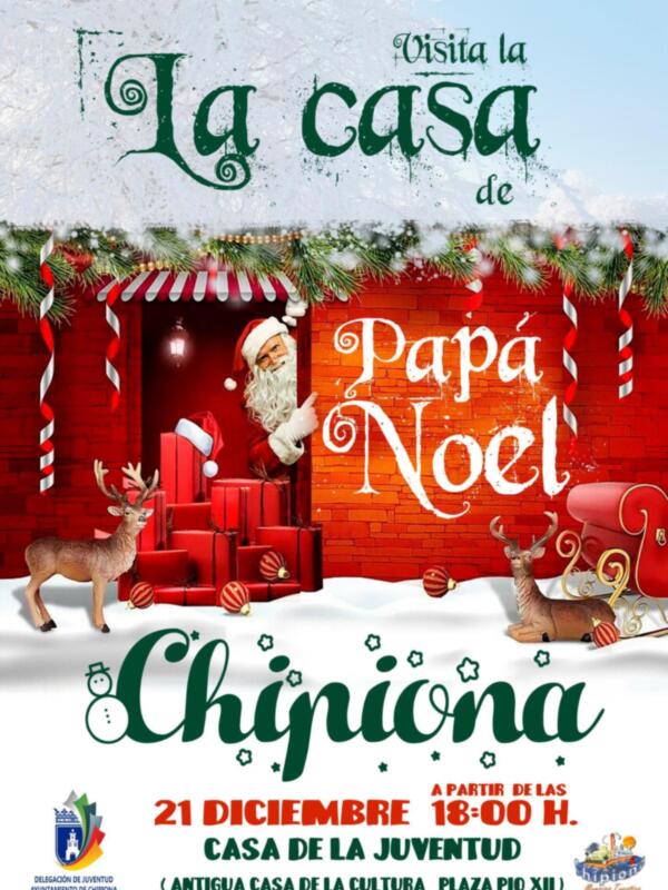 Fiesta navideña en Chipiona con Papá Noel en la Casa de la Juventud. Evento el 21 de diciembre a las 18:00 horas en la antigua Casa de la Cultura, Plaza Pío XII.