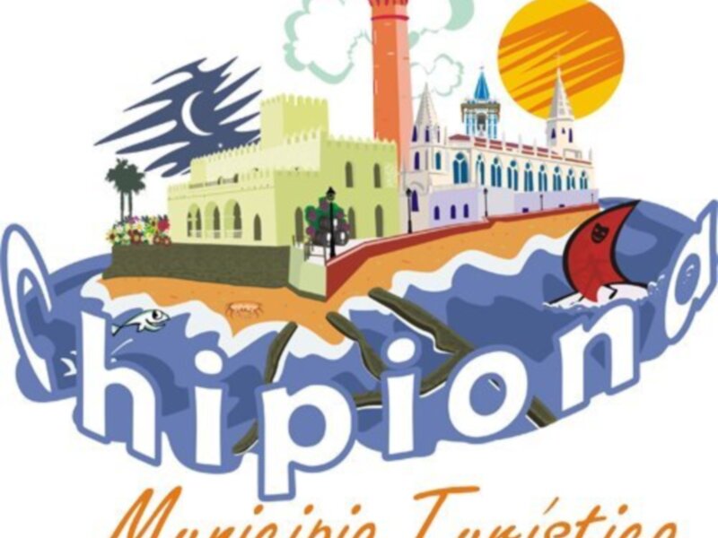 Logotipo de Hipiono, con una imagen de un faro y edificios en la costa, junto a un sol y olas.