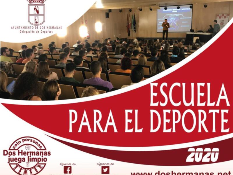 Presentación en el auditorio de la Delegación de Deportes de Dos Hermanas, con el lema 'Sólo personas juegan limpio' y la fecha 2020.