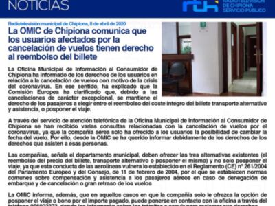 La OMIC de Chipiona comunica que los usuarios afectados por la cancelación de vuelos tienen derecho al reembolso del billete
