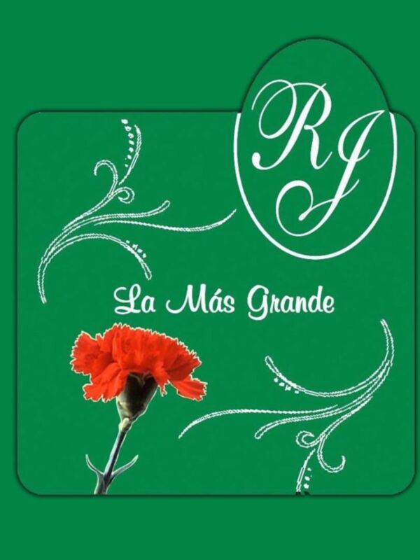 Un hermoso clematis rojo en un fondo verde con la frase "La Más Grande" y una caligrafía elegante.