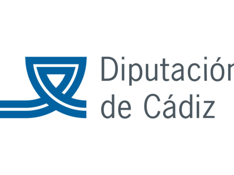 Logotipo de Diputación de Cádiz con un símbolo que parece una flecha o un puente sobre un fondo blanco.