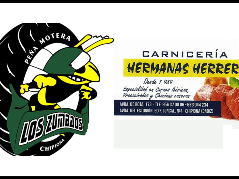 Cartel publicitario de Carnicería Hermanasas Herrera, especializada en carnes ibéricas y chasinas caseras, fundada en 1989 en Chipiona, Cádiz.