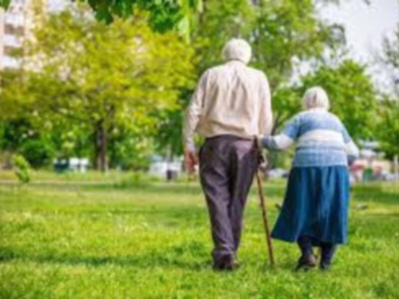 Abuelos caminando juntos en un parque, disfrutando de la naturaleza y la compañía mutua.