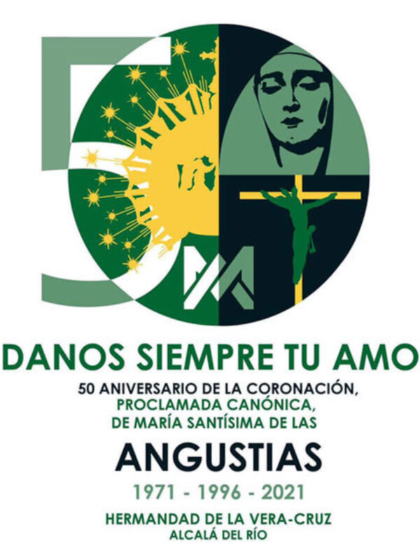 Logotipo de la Hermandad de la Vera Cruz con un diseño simbólico que representa a María Santísima y el Cristo. Texto informativo sobre los 50 años de la Coronación Canónica, desde 1971 hasta 2021.