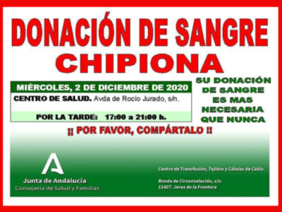 Llamamiento a una nueva donación colectiva de sangre en Chipiona hoy miércoles 2 de diciembre 