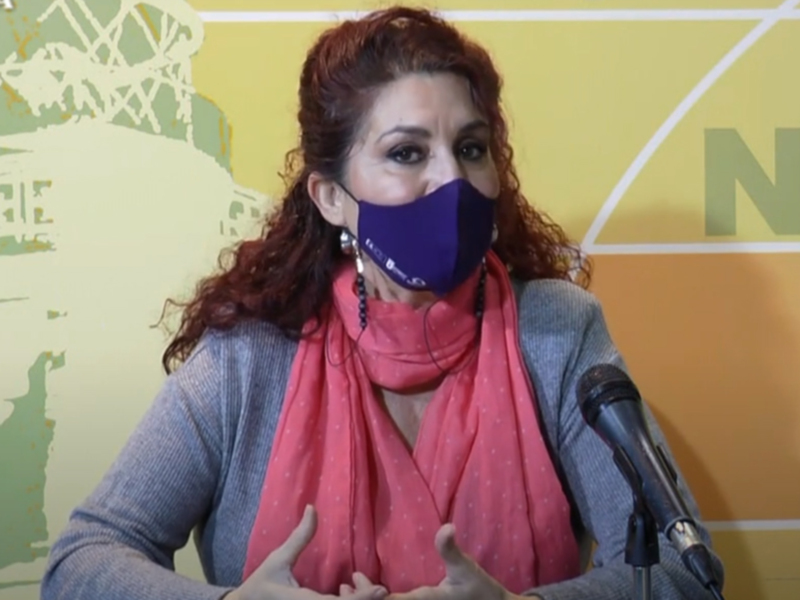 Mujer hablando en rueda de prensa con máscara y microfono.