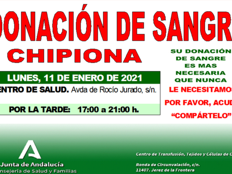 Convocatoria para donación de sangre en el Centro de Salud de Jerez de la Frontera, Andalucía, el lunes 11 de enero de 2021, de 17:00 a 21:00 h.