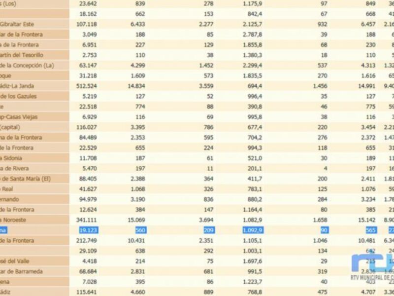 Una tabla de datos con información sobre diferentes barrios y ciudades en España, incluyendo datos como el número de habitantes, la población activa y otros indicadores demográficos. La tabla está organizada en columnas con nombres de barrios y ciudades, y filas que contienen los datos correspondientes.