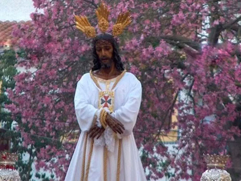 Representación religiosa de Jesús en una procesión con flores rosadas al fondo.
