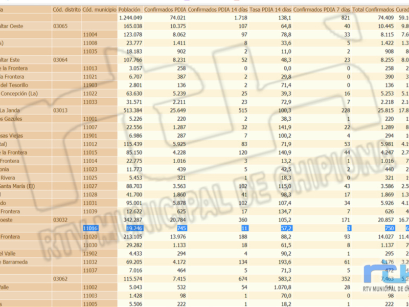 Tabla de datos demográficos y sanitarios por municipios en la provincia de Cádiz, España.