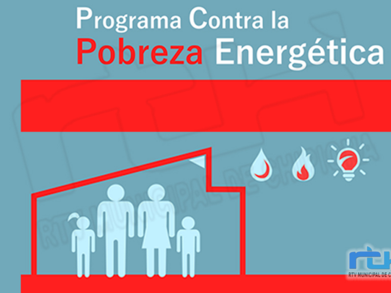 Programa contra la pobreza energética en una familia con iconos de agua, fuego y luz.