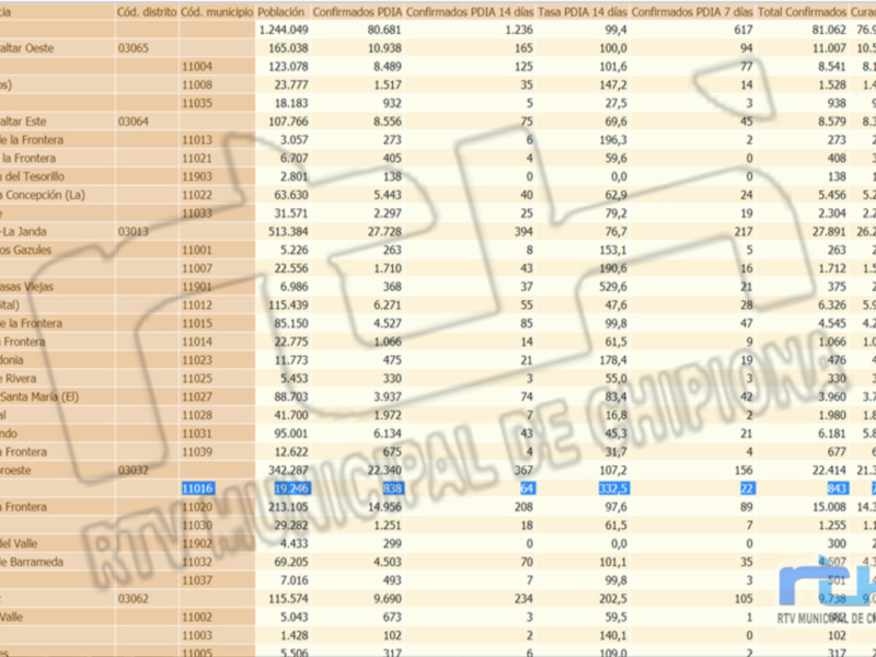 Tabla estadística de datos demográficos y sanitarios por municipios en la provincia de Cádiz, España.