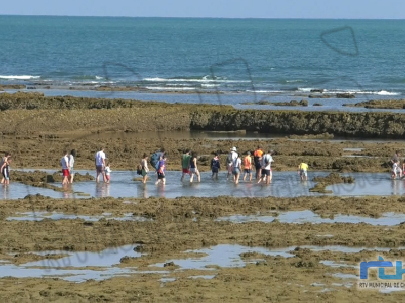 Personas caminando en la playa durante la marea baja, con el mar y la costa rocosa en el fondo.
