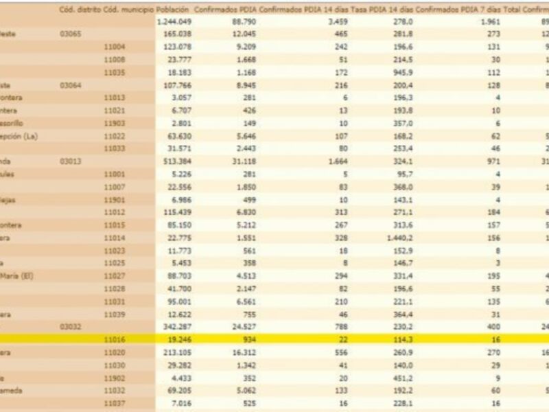 Una tabla de datos estadísticos sobre la distribución y población de ciudades en España, incluyendo información como el código postal (C.P.), nombre del municipio, población total y cantidad de casos confirmados de COVID-19.