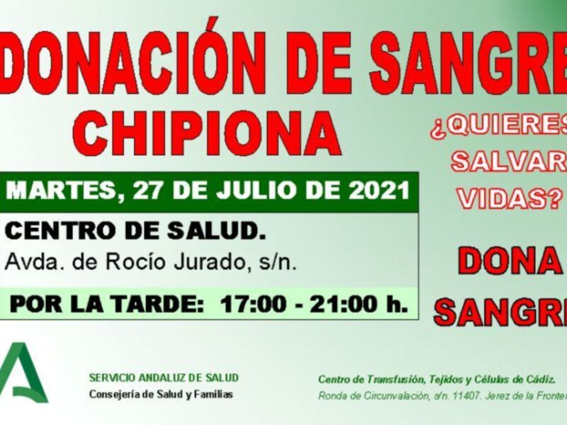 Convocatoria de donación de sangre en el Centro de Salud de Jerez de la Frontera el martes 27 de julio de 2021, de 17:00 a 21:00 h.