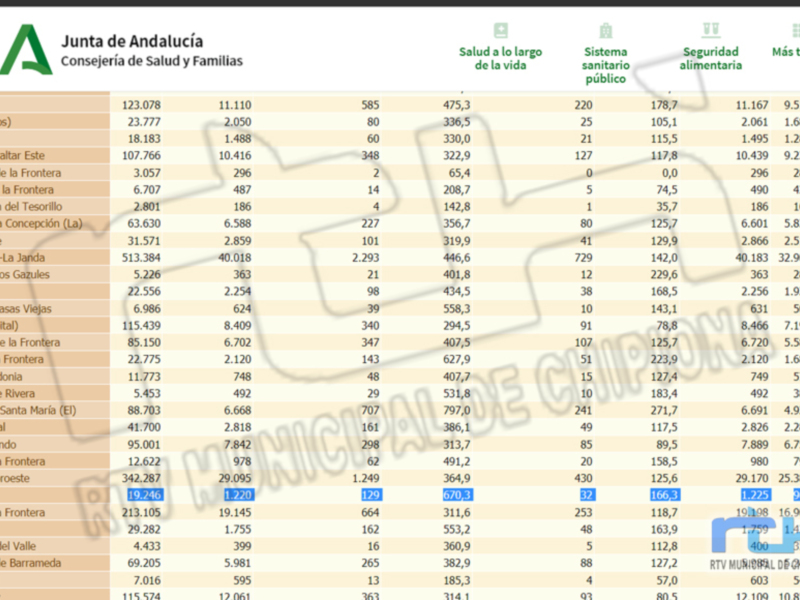 Una tabla de datos con información sobre la Junta de Andalucía, incluyendo aspectos como salud, sistema sanitario público y seguridad alimentaria. La tabla contiene valores numéricos y categorías como "Salud a lo largo de la vida", "Sistema sanitario público" y "Seguridad alimentaria".