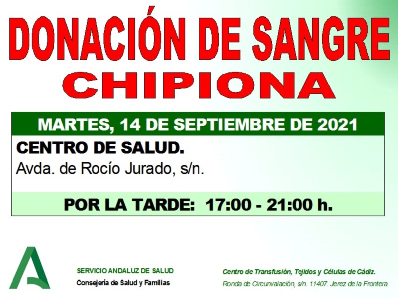 Anuncio de donación de sangre en el Centro de Salud, con fechas y horarios específicos.