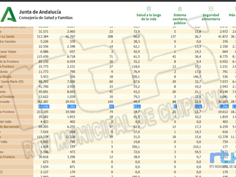 Tabla de datos sobre salud y seguridad en diferentes municipios de Andalucía, con información detallada por municipio y categoría de salud.